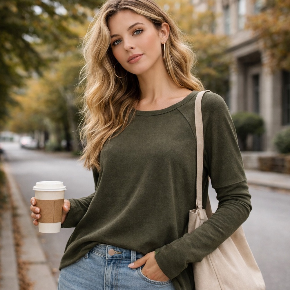 TNA Olive Raglan Long Sleeve Tee Raw Curved Hem US S